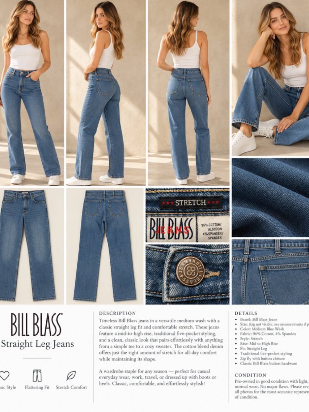 Bill Blass Jeans Medium Wash Stretch Straight Leg Denim